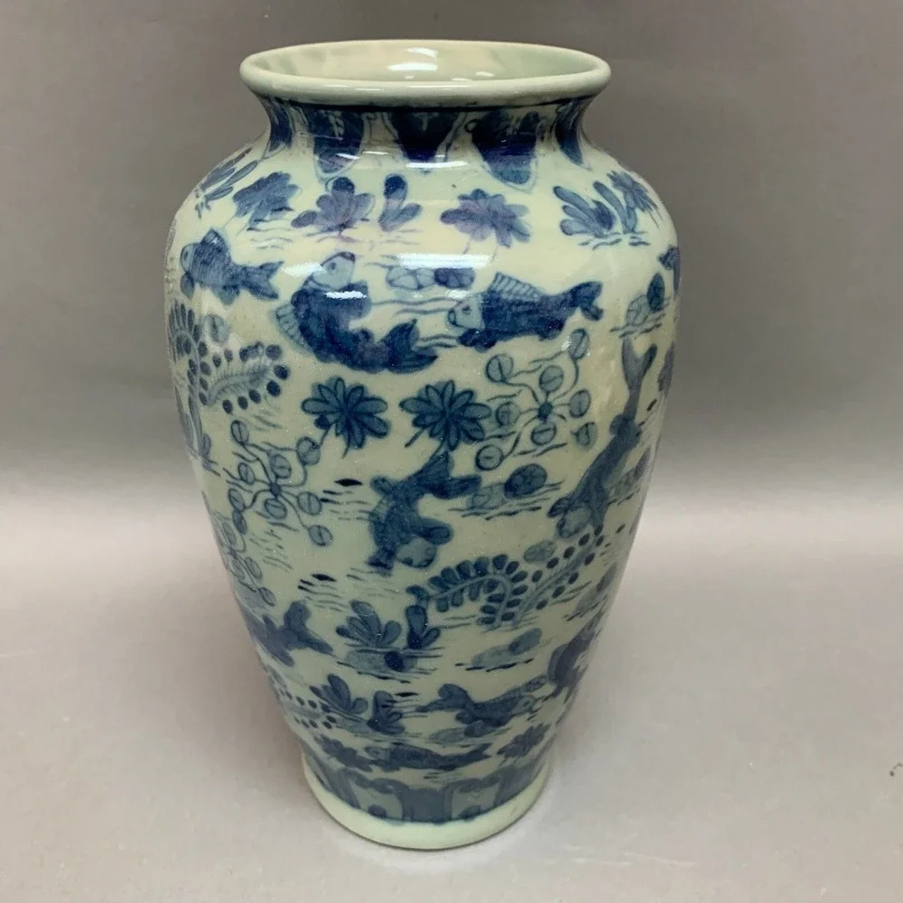 Green‎ Blue Koi Fish Patterned Vase 9 3/4